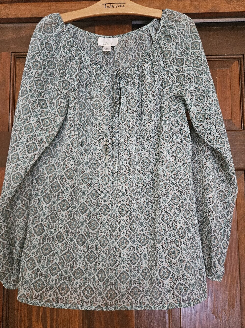 LOFT Printed Peasant Blouse in Sage Green and Ivory